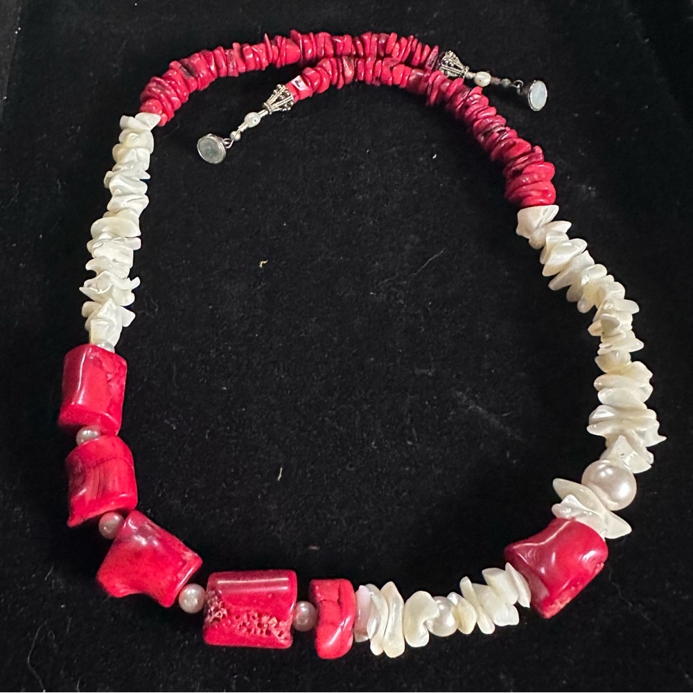 Chucky Statement Necklace 26” Long Red Coral Shells Pearls Magnetic Clasp - Picture 11 of 15